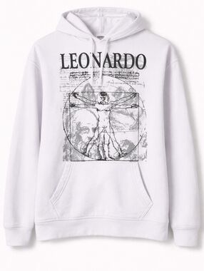 Leonardo Da Vinci Vitruvian Man Graphic Hoodie White Pullover Sweatshirt Size M